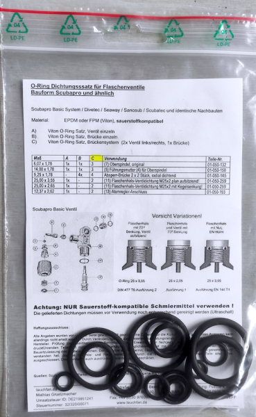 O-Ring Dichtungsssatz für Flaschenventile - Bauform Scubapro und ähnlich